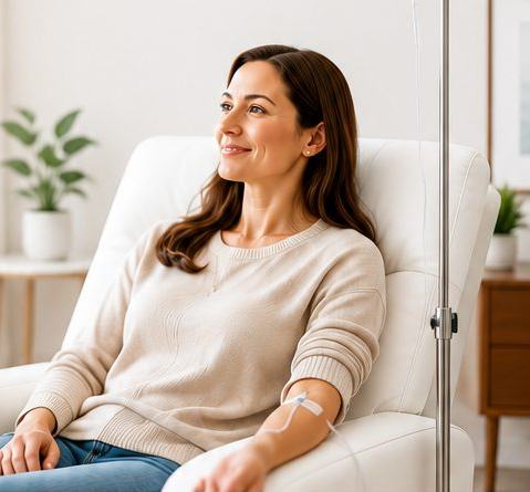 Patient relaxing comfortably during an iron infusion session