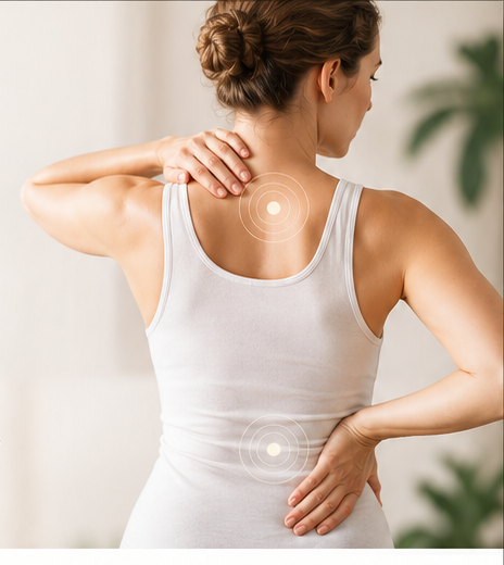 Person with highlighted areas showing neck and low-back discomfort