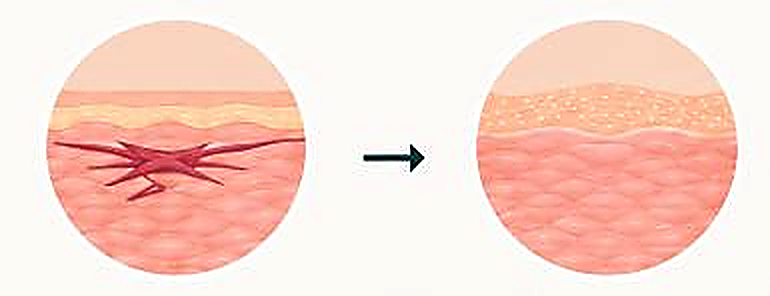 Diagram showing scar restriction on the left and smoother tissue on the right