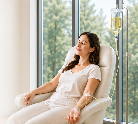 Patient relaxing in a treatment chair while receiving IV therapy